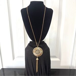 Vintage Gold Tone Medallion Tassel Necklace